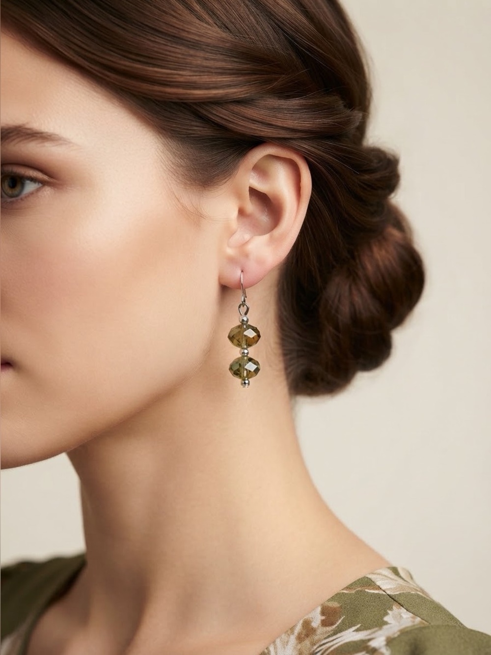 Olivine Green Crystal Dangle Earrings | Faceted Bead Silver Tone Earrings
